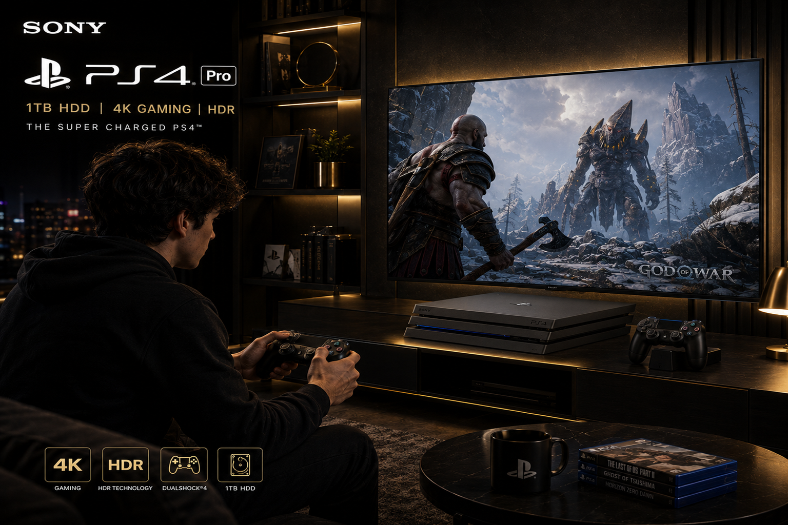 Sony PlayStation 4 Pro 1TB Console – 4K Gaming HDR Enhanced Performance DualShock Controller (Black)